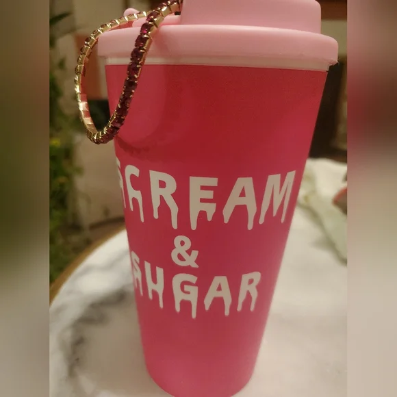 Coffee Tumbler + Bracelet Scream & Sugar 18 oz Slipon Pink Stone Goldtone Metal - Picture 1 of 7